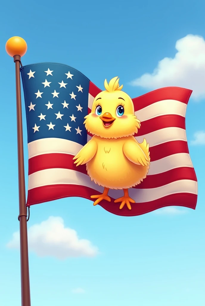 A waving flag with a picture of a chick