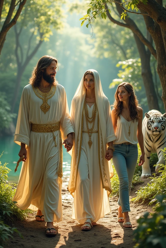 JesusChrist (wearing white robes with gold details and sandals), Our Lady of Fatima (using veil, a white robe with gold details, sandals and a rosary in hand) and a blue-eyed woman, brown hair but with light highlights (wearing jeans, a light blue tank top and cloud flip flops), deep in a forest near a lake, where they are walking hand in hand happily while their white tiger friend accompanies them. 