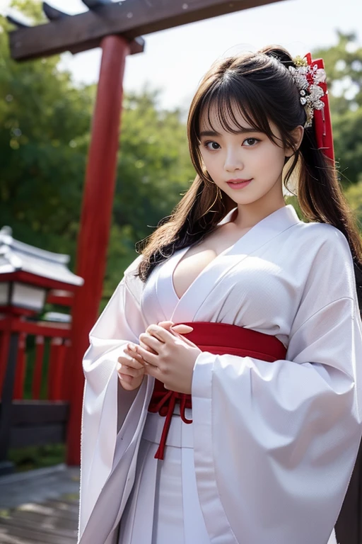 ,Fair skin,8k,Ultra-high resolution,Super detailed,Highest quality,Look at the viewers、Perfect lighting,flat light,super high quality,Ultra-high resolution,masterpiece,Realistic,Detailed face,Perfect Anatomy,Slender body、Young face、smile、Sweating、Flushed Cheeks、shrine、Clear winter weather、Leaves falling off the trees、Snow Scene、Plants covered in snow、Japanese Clothing、Plain white kimono、Skirt portion is red、Shrine maiden、Standing in front of the torii gate with the shrine behind、 , Nice and cute, 無邪気なsmile, , 素敵なsmile, (A big bust that seems to burst:1.20),(Beautiful Big 1:1)、Beautiful Eyes、((Please show me your chest))