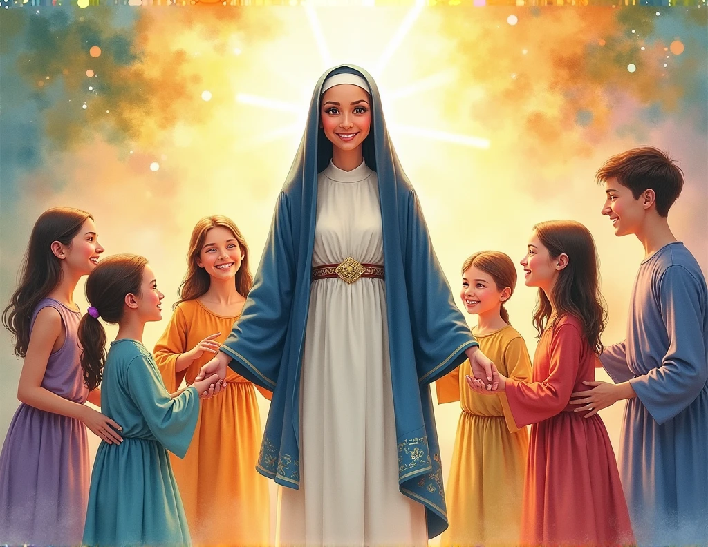 Nun painted in animated watercolor style full body with children holding her hand watching her and helping others with God above