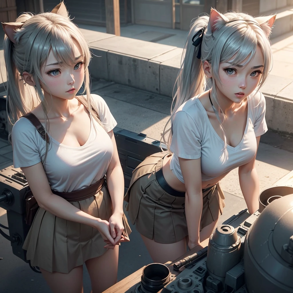 In a realistic 3DCG style、Please draw a 25 year old woman with average facial features of a Japanese female idol.。She has cat ears and long silver hair tied in a ponytail.、She is wearing a white V-neck T-shirt and skirt。The view is from below、Set her face to look up、Please draw so that the whole body is visible。She stands strong and dignified.、In the background, a tank equipped with a large main gun with realistic texture is placed.、The tank had『res』It is written that。Please realistically express the scene that highlights the character&#39;s determination and overwhelming presence.。