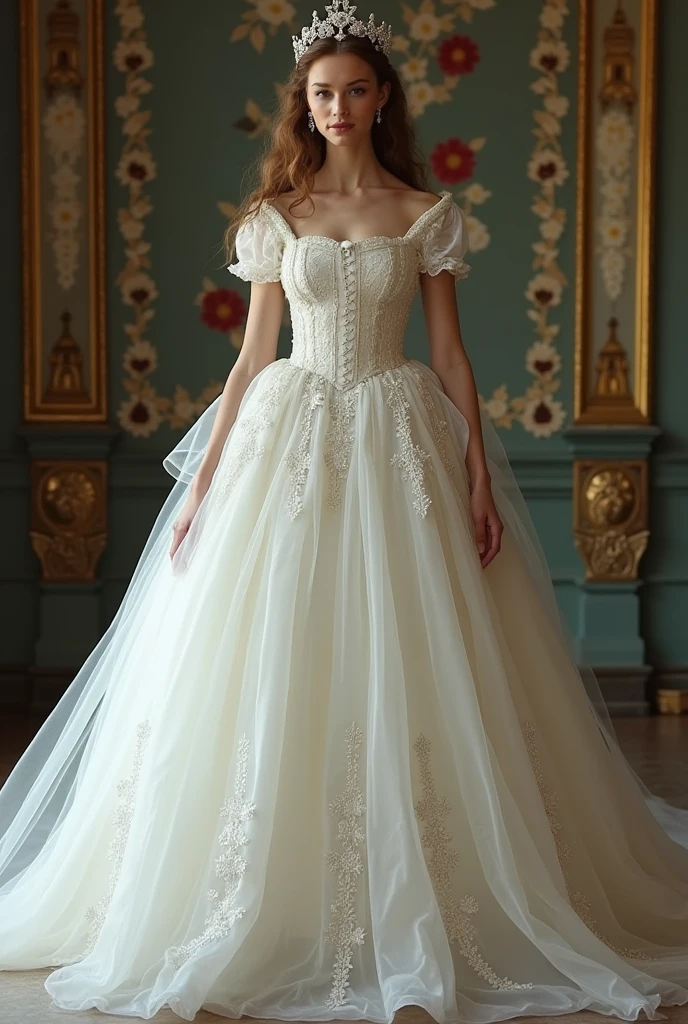 I want you to create a sketch of a dress inspired by the White Queen , with a style that mixes medieval and princess elements, suitable for a gala event. The dress will have details that refer to the theme of Alice in Wonderland, that is simple with a square collar