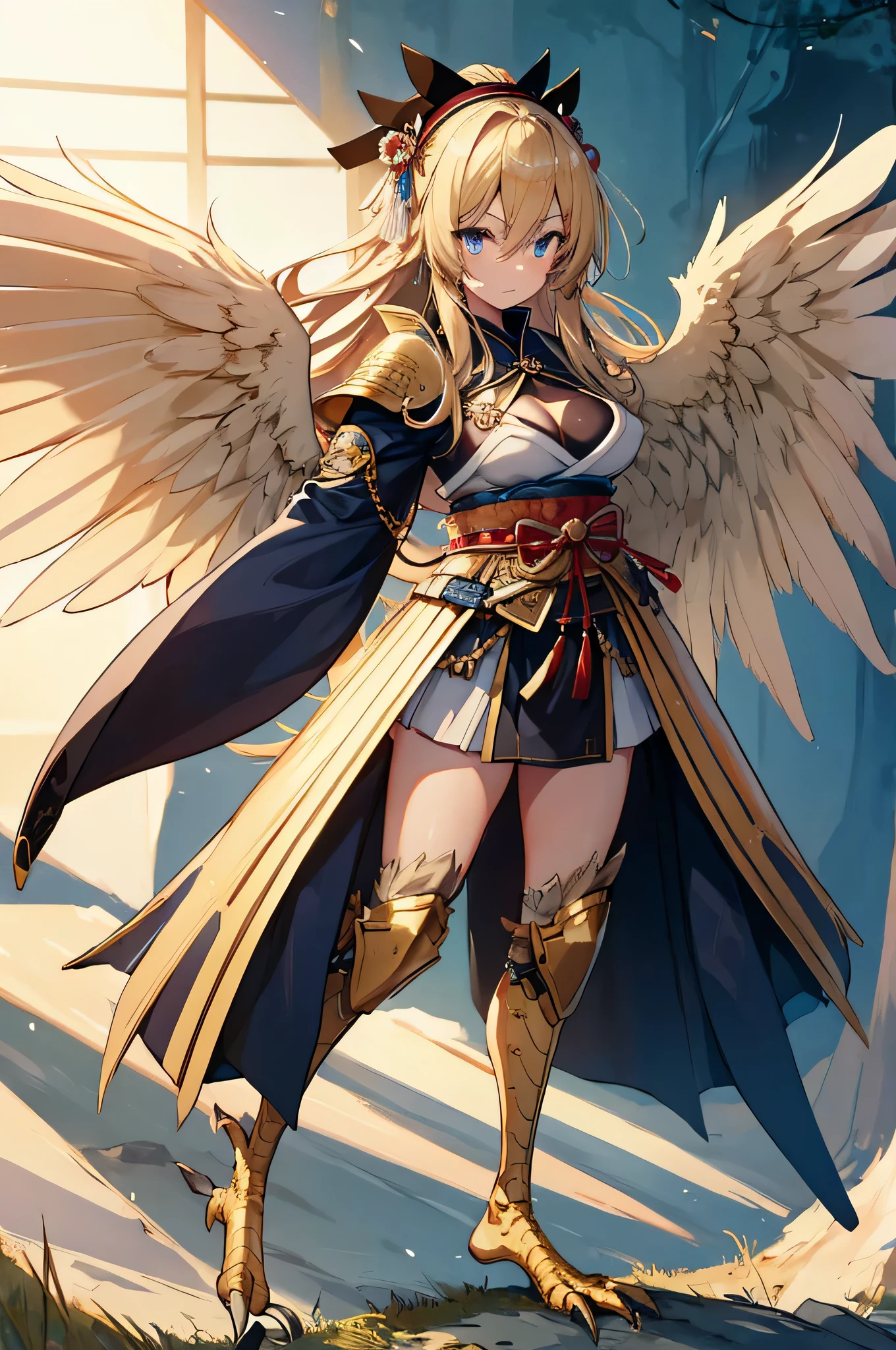 4K,High resolution,One Woman,Harpy,bionde,long hair,Blue eyes,Big Breasts,White Wings,Golden toenails,Samurai,白色のSamuraiの鎧,Full Armor,hair band,Jewelry decoration,Medieval village