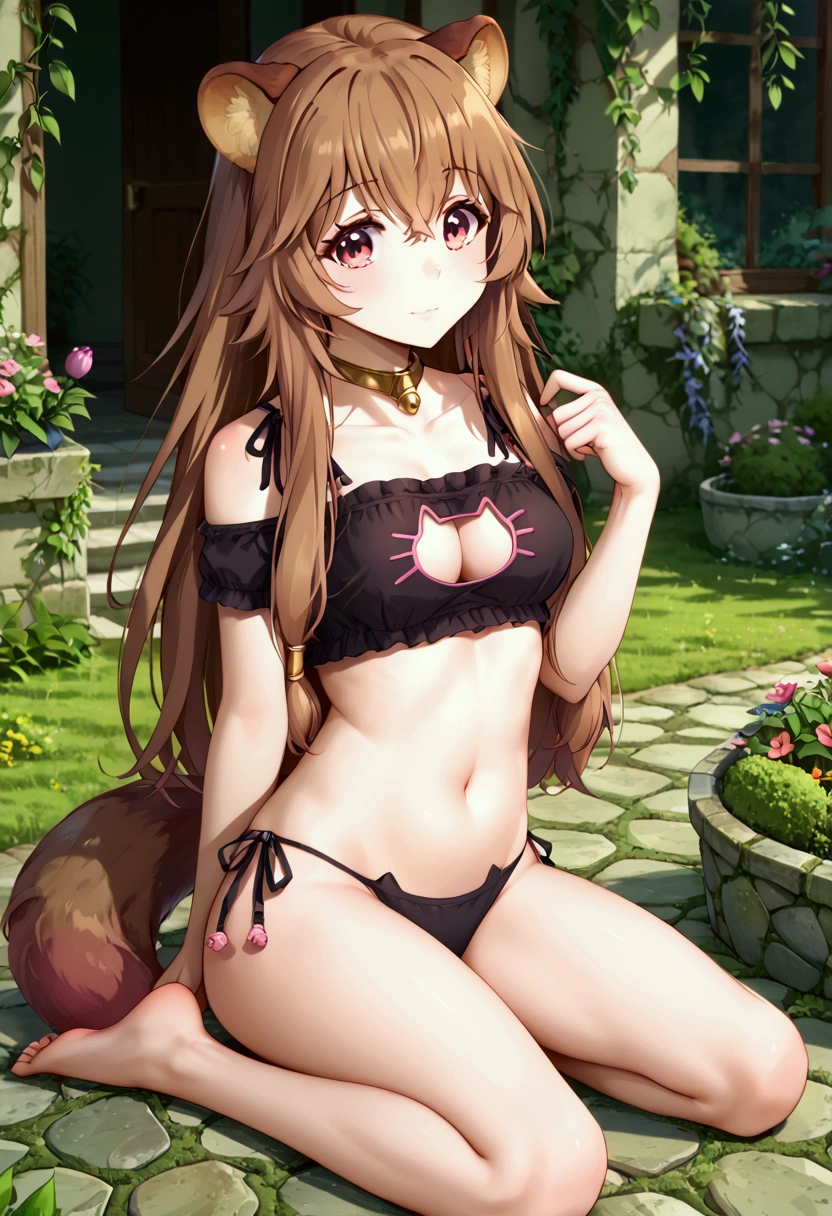  score_9,score_8,  (((perfect face))), (medium breasts), focus breasts, full body view, {looking at viewer},(brown hair), (bangs), (long hair), (animal ears), (raccoon ears), (raccoon girl), (raccoon tail), 1girl, raphtalia, (pink eyes), (detailed eyes), (perfect Eyes), garden, cleavage, outdoors, (cat lingerie:1.1), (black lingerie:1.1)