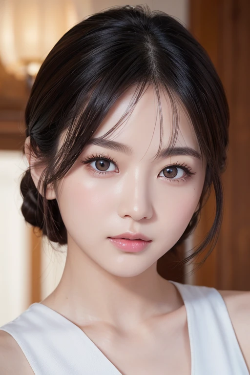 High-quality, ultra-realistic portraits。She has strong eyes and a beautiful face.。The facial contours are sharp、Gives an intelligent impression。Eyes are large、Her deep eyes are impressive、Eye makeup is done in a natural way。The nose is high、In a smooth manner、The lips are natural in colour and have a moderate thickness.。The skin is transparent、Has a healthy glow。Makeup is natural、Use a subtle lip color。The lighting is soft and natural.、Accentuating facial features、Does not emphasize shadows。The background is simple and has a blurred gradient.、Focus on the face。