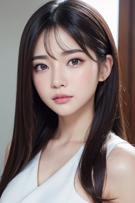 High-quality, ultra-realistic portraits。She has strong eyes and a beautiful face.。The  contours are sharp、Gives an intelligent impression。Eyes are large、Her deep eyes are impressive、Eye makeup is done in a natural way。The nose is high、In a smooth manner、The lips are natural in colour and have a moderate thickness.。The skin is transparent、Has a healthy glow。Makeup is natural、Use a subtle lip color。The lighting is soft and natural.、Accentuating facialres、Does not emphasize shadows。The background is simple and has a blurred gradient.、Focus on the face。