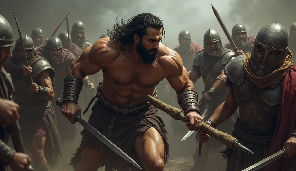 An intense battle scene, with Samson fighting a group of Philistines, using a donkey's jawbone as a weapon. Dark and somber colors predominate, highlighting the conflict. Samson's face expresses determination and courage, while the Philistines look surprised.