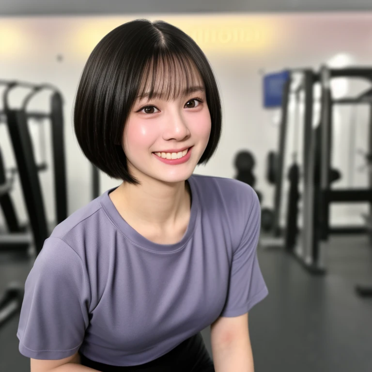 (kawaii 24 year-old Japanese girl, Nogizaka idol, Korean idol), healthy female athlete body, (glossy black hair, short hair, pixie cut, bangs:1.3), (rounded face, pure black eyes, single eyelid, no makeup, laughing:1.2), (wearing training shirt, grey sports leggings:1.3), extra small breasts, well shaped hip, (slim waist, thigh gap:0.9), BREAK, (sports gym background:1.3), (looking at viewer, dynamic angle, close shot:1.2), BREAK, (masterpiece, best quality, photo realistic, official art:1.4), (UHD, 8K quality wallpaper, high resolution, raw photo, golden ratio:1.3), (shiny skin), professional lighting, physically based rendering, award winning, (highly detailed skin, extremely detailed face and eyes, anatomically correct body), Carl Zeiss 85 mm F/1.4, depth of field, 1girl, solo,