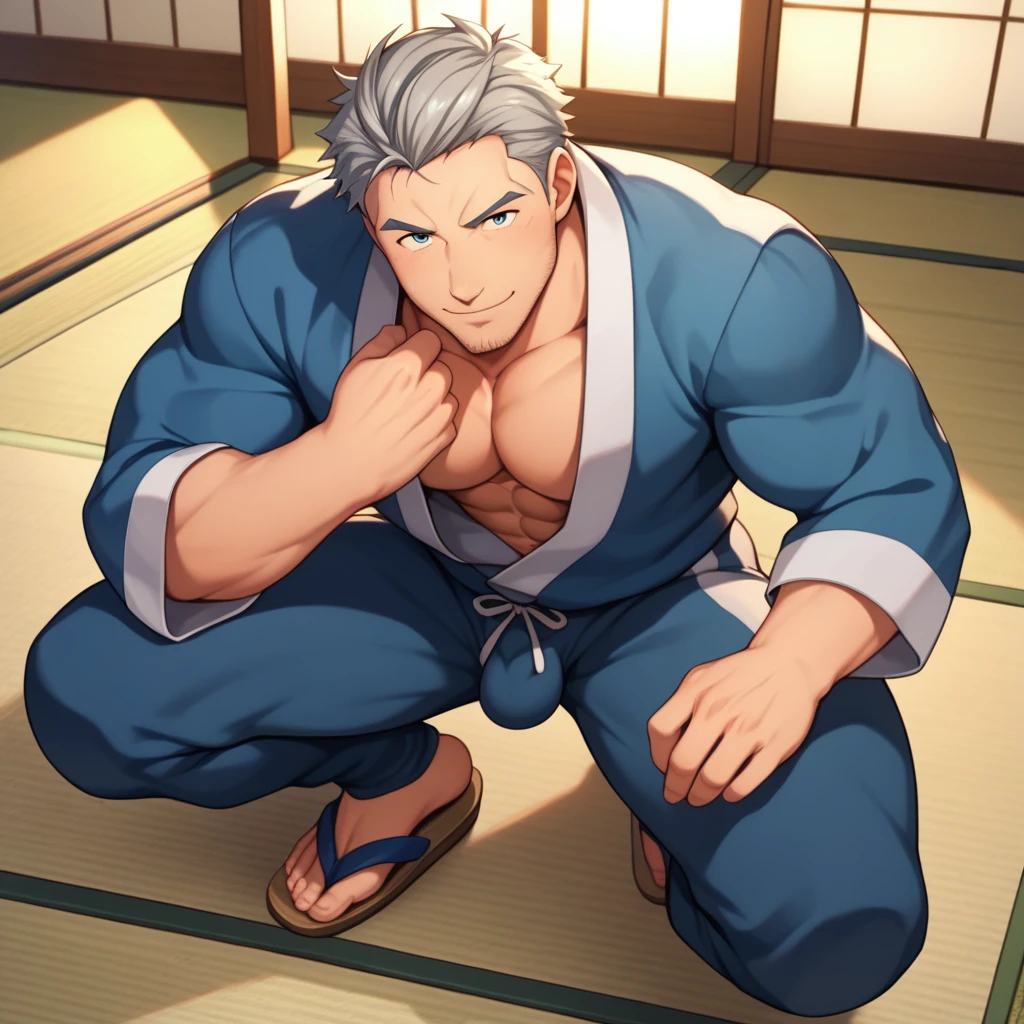 maimoto, solo,1boy,1male,rugged face male,droopy eyes,glay eyes,Small eyeballs,mature male,manly,muscular,gray hair,short suit hair,designer stubble,blue japanese clothing with long sleeves (samue),long blue pants,clothing and pants have same color,japanese sandals(zori),in the traditional japanese-style tatami rooms,arge_pectorals,Huge_Arms