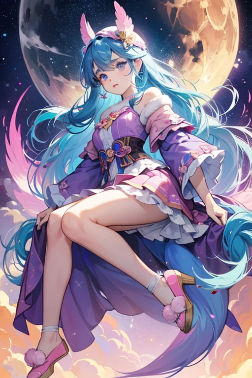 Ohana Owl has white skin with blue eyes, brown eyebrows, and pink lips. She has grey feather details on her cheeks and forehead along with her nose. She has long blue hair that reach down to her hips. She has no animal type ears or a tail.
Ohana wears a molded-on bodice That is light blue with a moon, clouds, and stars on it. Her skirt is removable with a pink band and a jagged cut. The skirt is a purple and pink ombre color with moons, clouds, stars, and rainbows on it. The look is augmented with a purple fur stole.
 Her shoes are orange slippers with a furry texture on them and they have owl faces. She wears a pink sleeping cap and has a blue sleeping mask with an orange beak on it.  SPARKLE; GLITTER