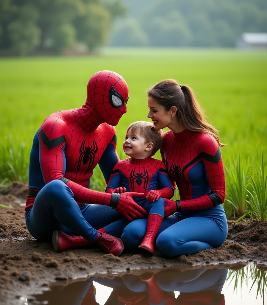 A photograph of Spider-Man and his wife, sitting in a rice field with their son. They all wear Spider-Man costumes, sitting on wet soil. The boy is small, and the family wears red, black, and blue color suits. They smile at each other, with green paddy fields behind them and a water body in front. The image appears to be hyper-realistic and high-resolution, capturing the family's happiness together.