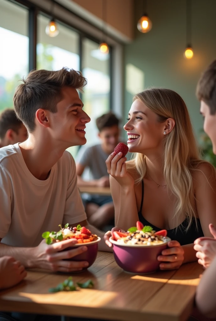 Man and realistic girlfriend , At the acai shop ,blonde hair eating acai , with friends Ultra HD, high qualiy, best qualityer, high resolution, 8k, 16K