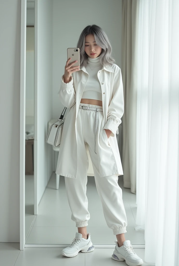 highly detailed, beautiful, hyper Realistic girl, masterpiece, best quality, Japanese sexy gravure woman, 28 years old, identity hidden, takes a selfie in her room using a smartphone in front of a mirror with one hand, fashion model Posing, standing, looking away from the camera, /// gray arranged hair, light color eyes, Realistic skin, Detailed face, /// white-themed, futuristic-inspired casual fall outfit. The ensemble should feature a high-collared, white long shirt with metallic accents, paired with a sleek, form-fitting turtleneck in a soft white fabric. Combine this with high-waisted white joggers made from a lightweight, tech-inspired material. Footwear should include white, futuristic sneakers with transparent soles. Accessories might involve a slim, metallic belt and a minimalist white crossbody bag with holographic details. The overall look should blend modern functionality with futuristic elements, offering a fresh, forward-thinking take on autumn fashion, /// Monotone simple modern taste single room, mirror, complicated background