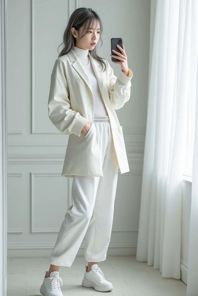 highly detailed, beautiful, hyper Realistic girl, masterpiece, best quality, Japanese sexy gravure woman, 28 years old, identity hidden, takes a selfie in her room using a smartphone in front of a mirror with one hand, fashion model Posing, standing, looking away from the camera, /// gray arranged hair, light color eyes, Realistic skin, Detailed face, /// white-themed, futuristic-inspired casual fall outfit. The ensemble should feature a high-collared, white long shirt with metallic accents, paired with a sleek, form-fitting turtleneck in a soft white fabric. Combine this with high-waisted white joggers made from a lightweight, tech-inspired material. Footwear should include white, futuristic sneakers with transparent soles. Accessories might involve a slim, metallic belt and a minimalist white crossbody bag with holographic details. The overall look should blend modern functionality with futuristic elements, offering a fresh, forward-thinking take on autumn fashion, /// Monotone simple modern taste single room, mirror, complicated background
