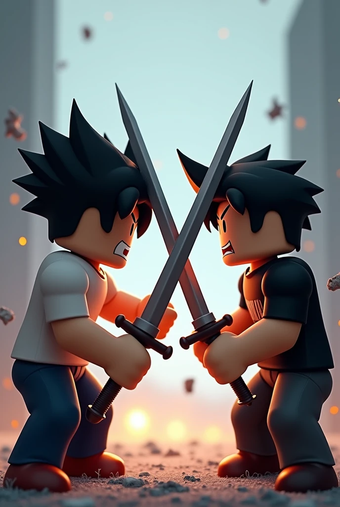 create a 512x512 pixel roblox picture of 2 black haired male roblox people holding swords fighting