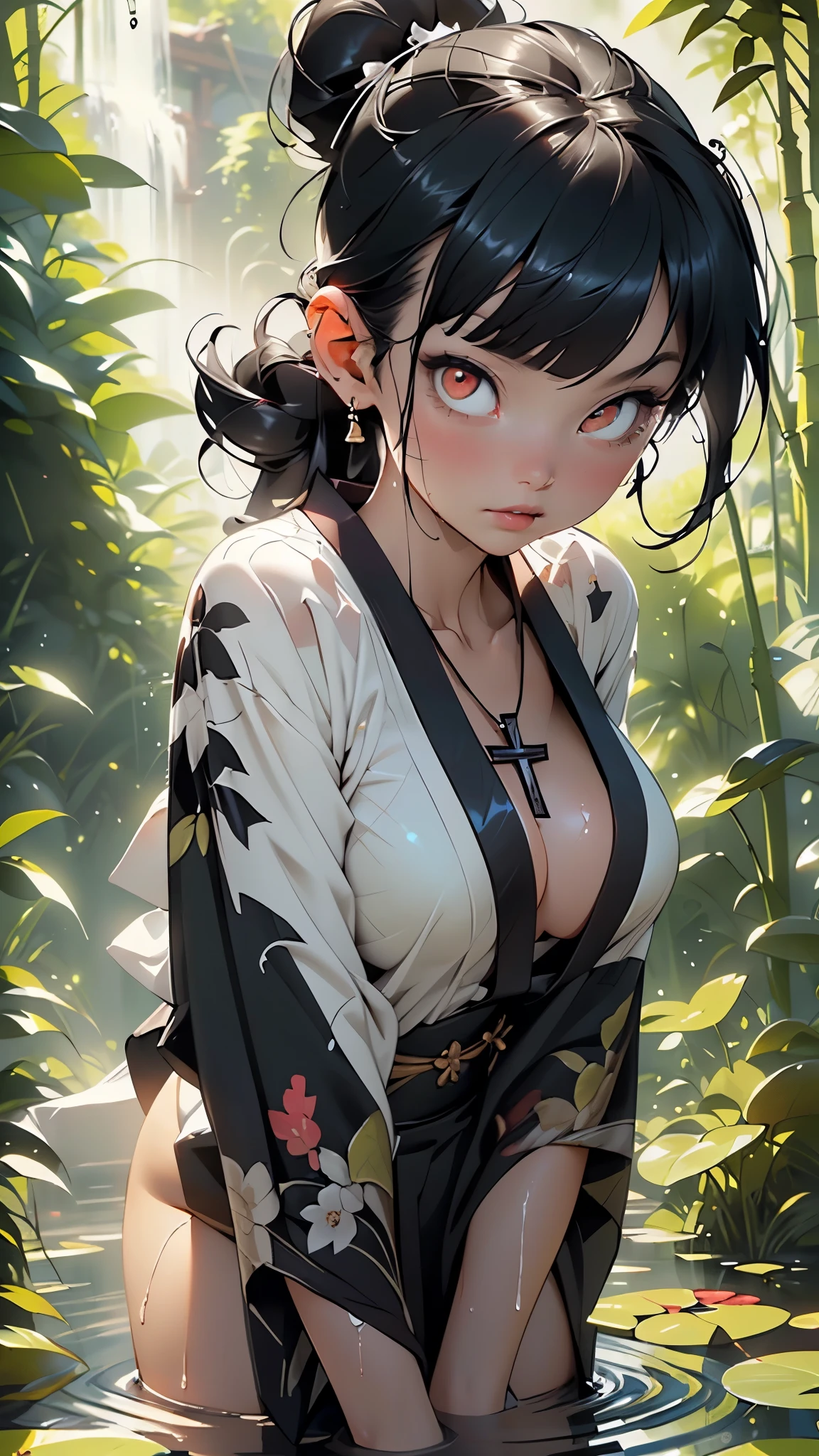 japan girl from ancient Japan,1girl,
(large breasts:1.4),((((hair tied back and bangs hanging,black hair,colored inner hair)))),(((red_eyes:1.3))),intricate eyes,beautiful detailed eyes,symmetrical eyes,(deep red eyes), (glowing eyes:1),
insane void, glowing eyes, horror \(theme\:1.2),((((lustrous skin:1.5,tanned skin,bright skin: 1.5,skin tanned,shiny skin,very shiny skin,shiny body,Reflective skin)))),(spider lower abdomen,narrow waist,wide hip,athletic body,inflated legs,thick thighs,(detailed face)),beautiful detailed lips,
cute,slutty,sensual,seductive look,seductive,((erotic)),opulent,sumptuous,((nsfw)),
((black kimono and Japanese warrior armor:1.2)),(kimono,half-naked kimono:1.5),(White headband:1),(Cross necklace:1.5),(((wet clothes))),
(flirtatious pose:1.3), looking at viewer,embarrassed,centered,scale to fit dimensions,Rule of thirds,
outdoors,(waterfall,bamboo,river,bamboo forest,japanese temple,red lanterns burning,temple in the forest,mossy stairway in the temple,dilapidated temple,bamboo sanctuary,),scenery,extremely scenery,(puddles everywhere,moss,moss on the background),clouds,lily pads,(sunset, golden hour),
(Glossy Egyptian ornaments),highres,sharp focus,(ultra detailed,extremely detailed),(photorealistic artwork:1.37),(extremely detailed CG unity 8k wallpaper),(((vibrant colors,vibrant theme))),(intricate),(masterpiece),(best quality),artistic photography,(photography taken by sldr),(intricate background),perfect rendered face,perfect face details,realistic face,photo realistic,((intricate detail)),(((realism))),