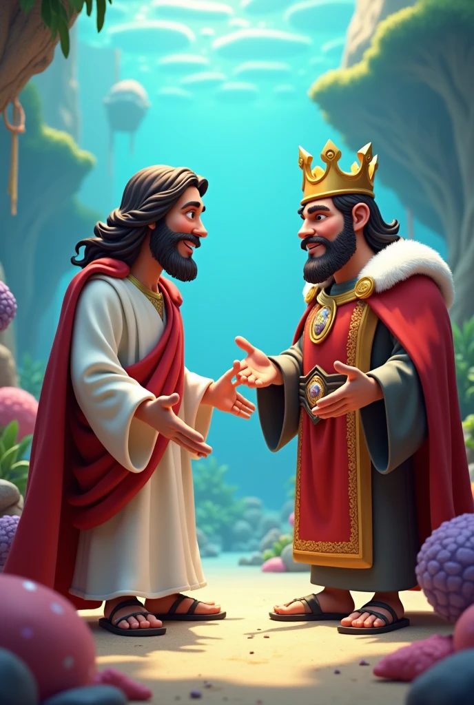 Jesus talking happily with the king of clash royale in bikini bottom