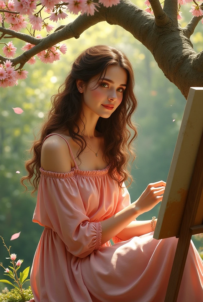  with long curly brown hair, greeneyes, medium fair skin, round mouth, com um vestido rosa, sitting under a flowering tree, PAINTING A PICTURE