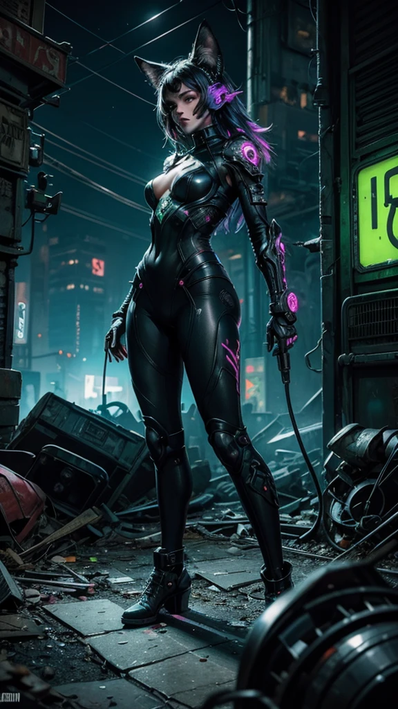 In the heart of an eerie, neon-lit urban decay, a cyberpunk-inspired humanoid figure stands amidst graffiti-laden walls, exuding an aura of dark fantasy. The figure’s high-tech outfit is a striking blend of black and neon green, with intricate armor pieces that gleam under the flickering lights. The neon green skull helmet, adorned with fox-like ears and mechanical detailing, adds a menacing yet captivating touch to the figure’s appearance.

The figure’s pose is both poised and vigilant, with a mesh torso section revealing glimpses of skin beneath the elaborate armor. The neon green accents on the outfit create a stark contrast against the dark, decaying surroundings, highlighting the figure’s presence in this dystopian landscape. The graffiti on the walls, a chaotic mix of colors and symbols, tells stories of rebellion and forgotten dreams, adding to the cinematic atmosphere.

The densely packed cityscape in the background, with its towering buildings and tangled cables and pipes, emphasizes the industrial environment. The figure’s mechanical components and high-tech attire blend seamlessly with the urban decay, creating a visual narrative of survival and resilience in a world where technology and decay coexist.

The neon glow from the graffiti and the figure’s outfit casts an otherworldly light on the scene, making the figure stand out as both a guardian and a relic of a bygone era. The eerie atmosphere, combined with the intricate details of the figure’s attire, creates a hauntingly beautiful image of a futuristic warrior in a world of urban decay.