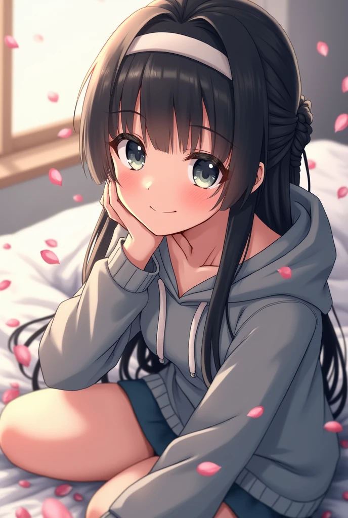 beau, master piece, beste-Qualit, extremely detailed face, perfect lighting, 1fille, hinata, hyuuga hinata, frange, empty_eyes, black_hair, blunt_bangs, yeux gris, manches grises, headband_around_neck, hauts, coupe hime, hooded_cardigan, manches longues, looking_at_viewer, petals, sourire, solo, cheveux raides, haut du corps, hooded jacket, corps parfait, sur u' lit, avec en train de rougir et de sourire,Sitting position,tied up hand