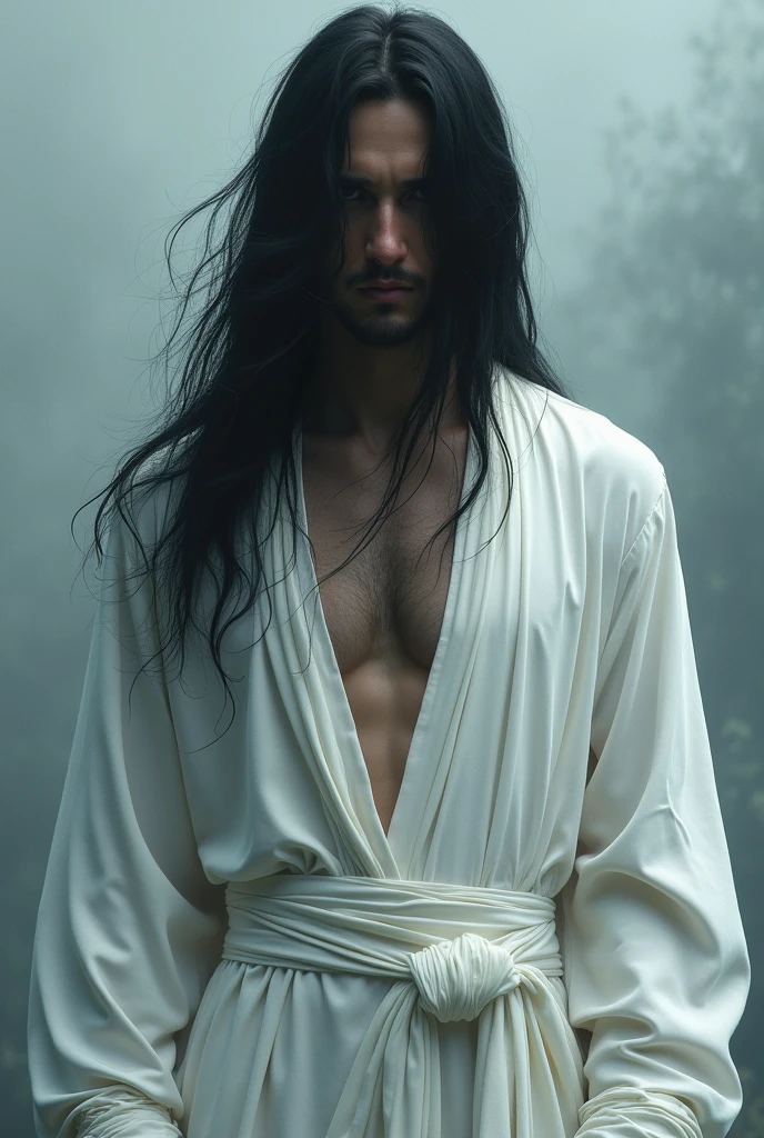 Man with long black hair covering his face wearing cool white clothes