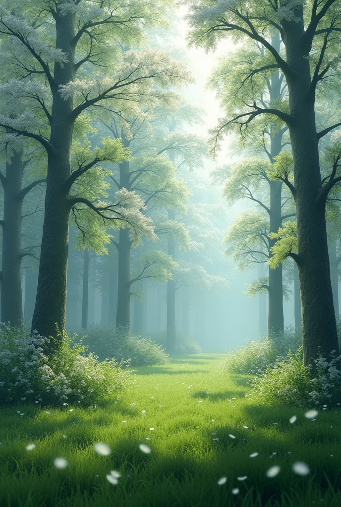 forst, trees with white foliage, and ground with green grass