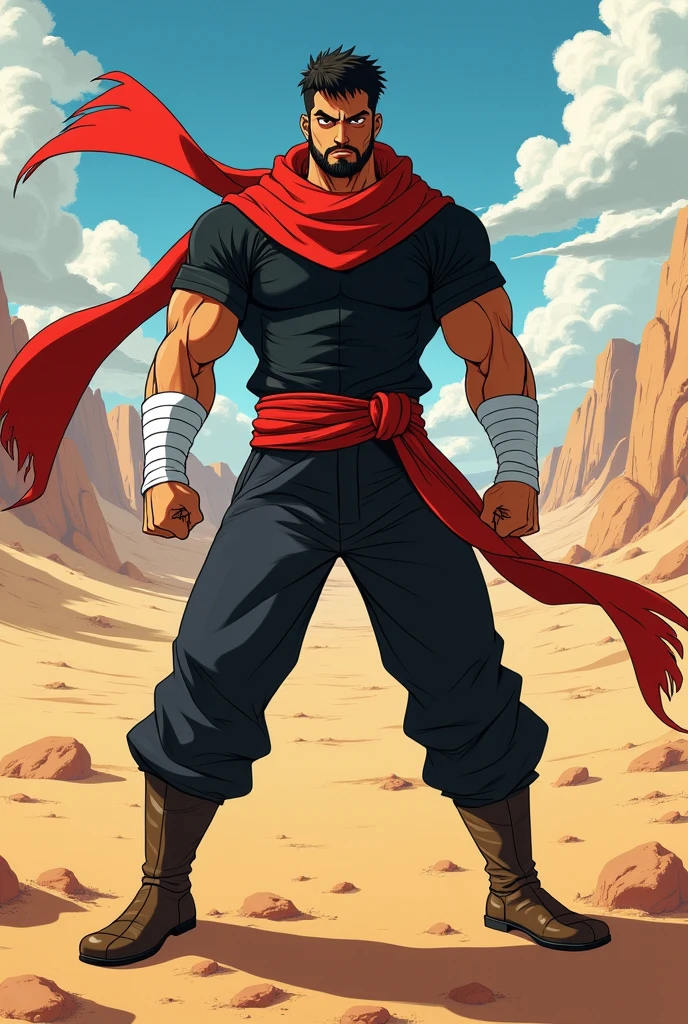 An anime character:
male gender, black short hair, short beard, Eyes red, brown skin color.
Wears white bands tied around his arms.
His outfit is a black t-shirt, black pants, leather boots, long red scarf.
medium muscle shape.
is in a fighting position.
the background is in the desert.