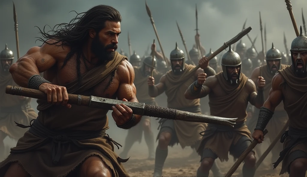 An intense battle scene, with Samson fighting a group of Philistines, using a donkey&#39;s jawbone as a weapon. Dark and somber colors predominate, highlighting the conflict. Samson&#39;s face expresses determination and courage, while the Philistines look surprised.