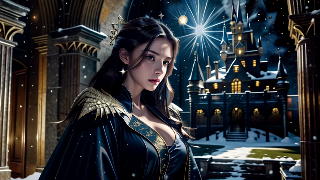 masterpiece, Realism, best quality, Very detailed, Super real, 16K, high resolution, castle,snow, ((Starry Sky)),Female Mage,Gorgeous robe,Complex Mode,Pretty Face,Closed mouth,dramatic,Upper Body,Glowing scepter,Glowing Wings,Large Breasts