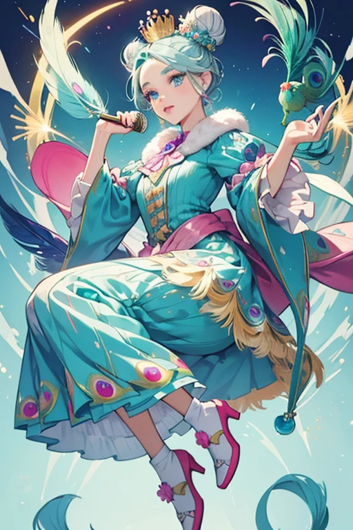 Patter has periwinkle hair up in a bun. Her forehead has a painted on crown of feathers. She has a teal nose, light teal colored skin, grey eyebrows, blue eyes with curly eyelashes, and pink lips. She has a plastic peacock tail with five large feathers.
She wears a medium cerulean bodice with a small patch of feather print at the top and two gradient lines of white and yellow down the sides. She wears a blue skirt with pink flowers and peacock feathers for a pattern. Her outfit is completed with a purple fur stole.
She wears medium cerulean shoes with a feather pattern on the back with peacock faces on the front of the shoes. A golden crown sits on the top of her head framing the aforementioned bun. SPARKLE; GLITTER