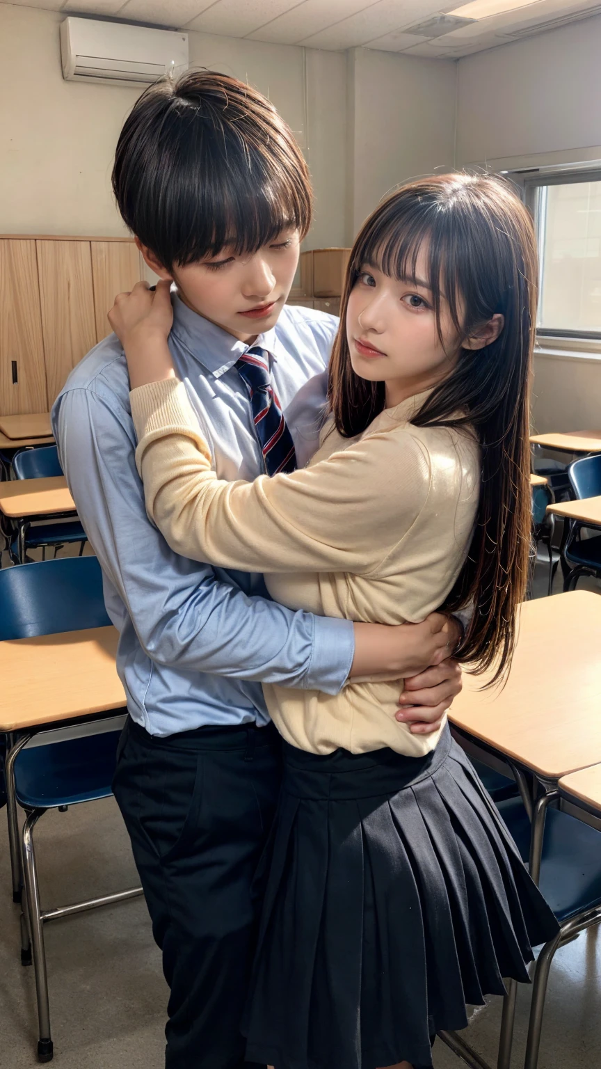 Male and female couples　The girl sits in a chair，Wear tight skirts and shirts。The boys hugged each other from behind。Boy in high school trousers uniform with mashed potato cut hairstyle。Without glasses，Women are clothed High school girl uniform, large breasts, High School Classroom