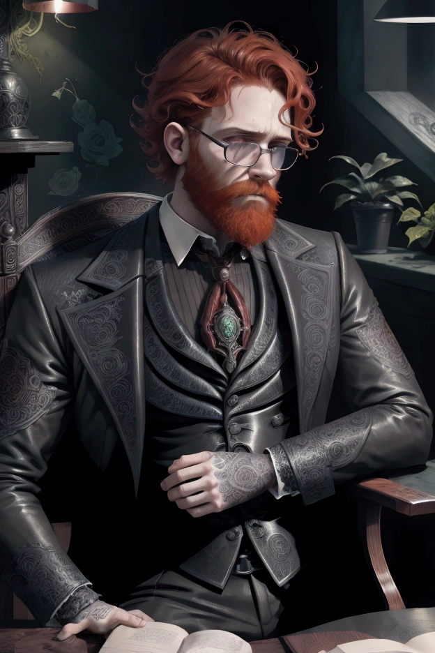 Young, handsome man, 26 years, Ginger, short curly hair, thick red beard, frowning, thoughtful look, looking away, sitting in a chair and holding a book. Dark eyes, frowning взгляд, wearing glasses with round frames. Broad-shouldered, thin, high. victorian era, detailing, little light