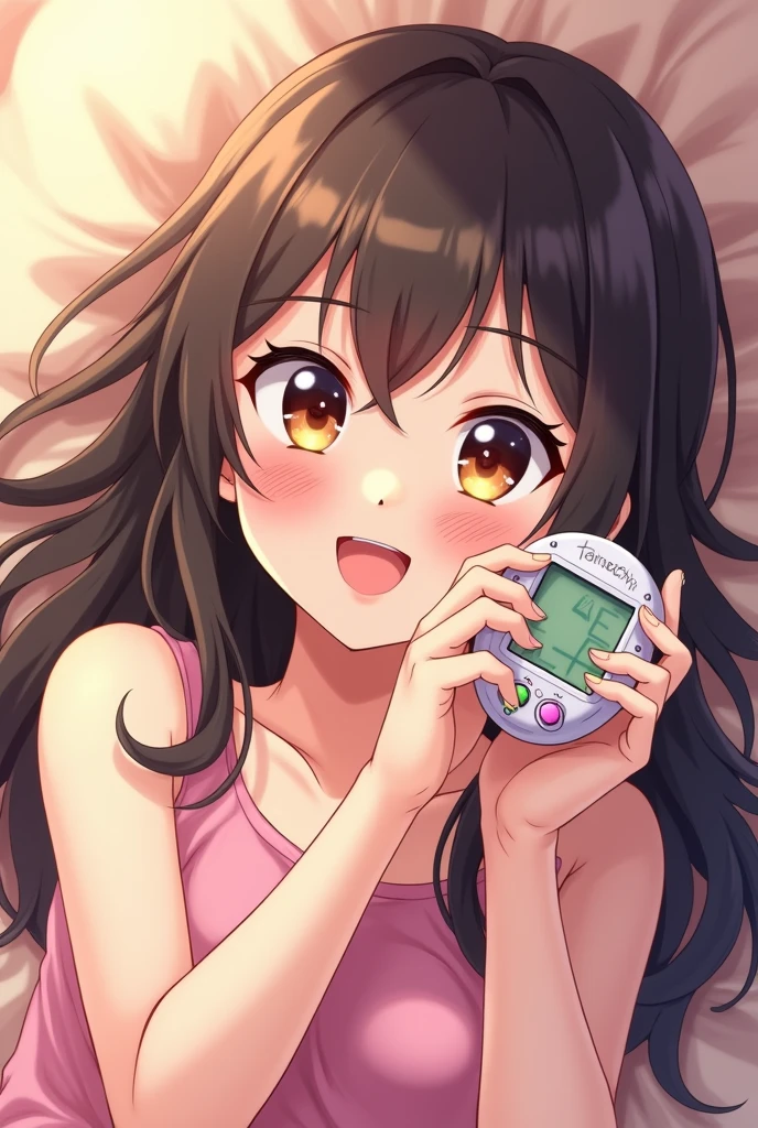 high definition anime woman laying down on her back with a tamagatchi in her hands smiling at it with a nice background. shes looking at the camera with a nice expression