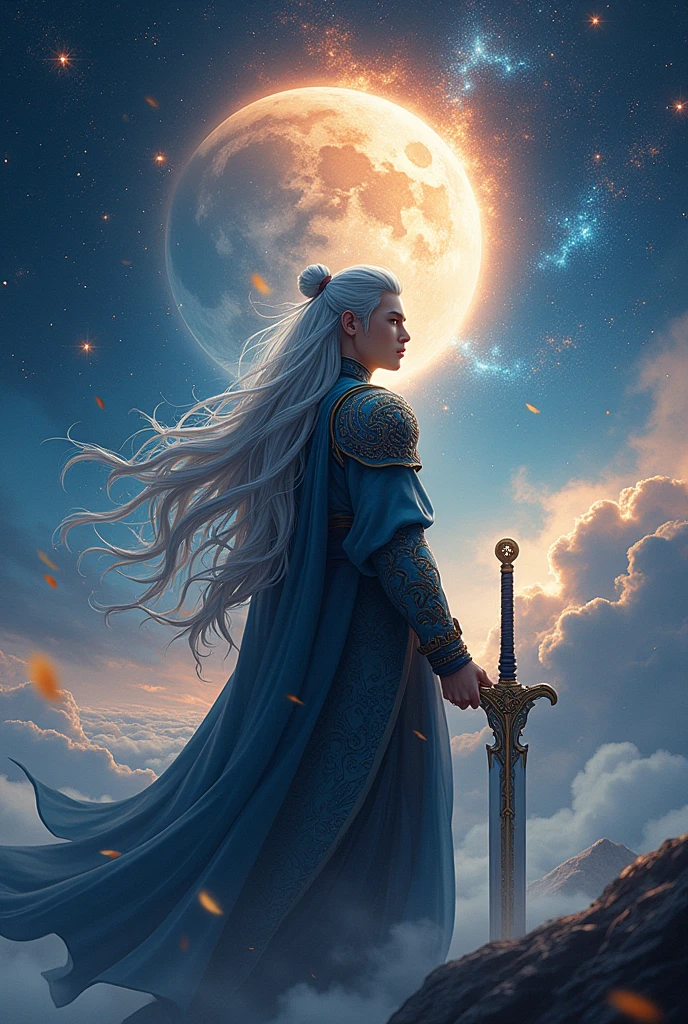 Make image for novel cover,handsome protagonist xianxia ,long silver hair and golden amber eyes,standing on boundless outer space,far perspective picture,hold sword,endlessly aura of lonely,ultra hd, better quality