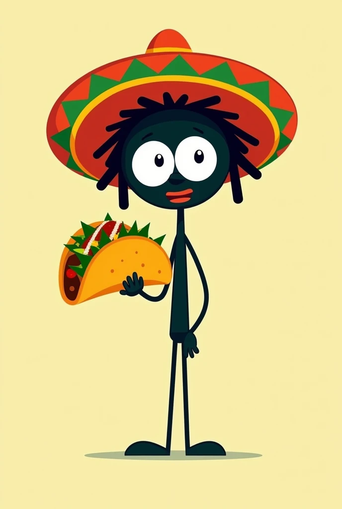 Create an image for Taco Mi Crazi, the body is a stick man holding a taco with a rastafarian hairstyle, bulging eyes wearing a sombrero. Ensure the body is a stick figure. No clothing.