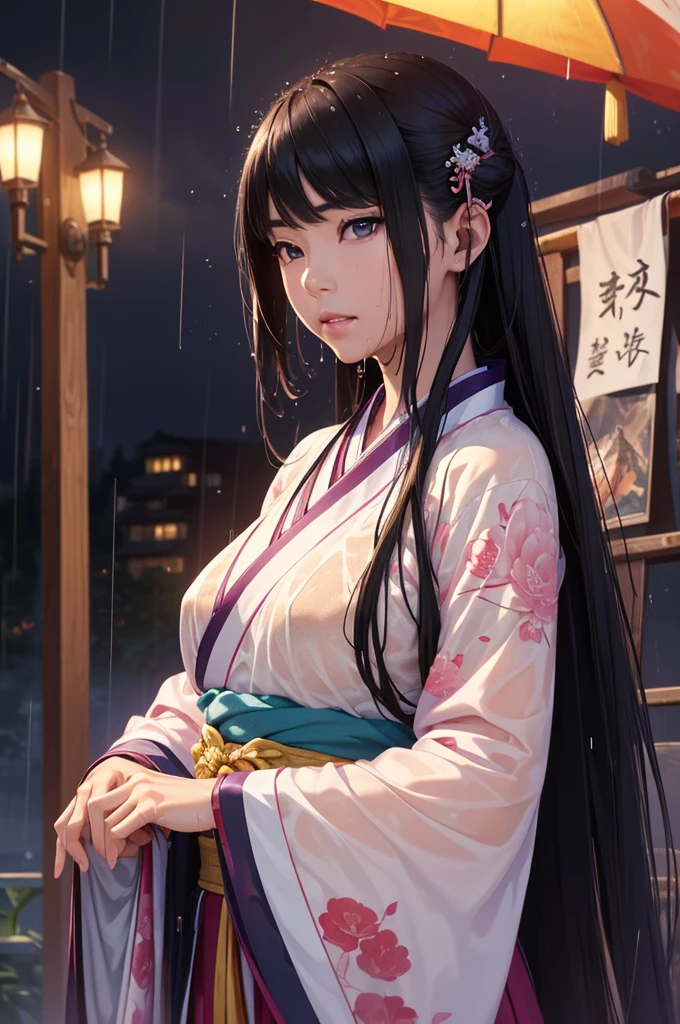 Rich historical background. (Highest quality,4K,8k,High resolution,masterpiece:1.2), Very detailed, (Realistic,Realistic,Photorealistic:1.37), High resolution, Hyper HD, Studio Lighting, Ultra-fine painting, Sharp focus, Physically Based Rendering, Very detailed説明, Professional, Vibrant colors, Bokeh, Sports Late, Ancient War Landscapes, Traditional Chinese Painting Techniques, Atmospheric lighting, Vivid color contrast, Visually stunning composition, Ethereal atmosphere,Very detailed目と顔, Beautiful attention to detail, Light on the face, (Hanfu: 1.1),My whole body is wet、My clothes are wet and transparent、Nipples are visible、nipples color pale pink、Dynamic pose、Rain clouds spreading across the sky、Heavy rain weather、Pouring rain、Wind and rain storm、((Soaked skin from head to toe))、((Rain-soaked clothes(Rain dripping from clothes))、((The lines of your body are clearly visible through your wet clothes..))