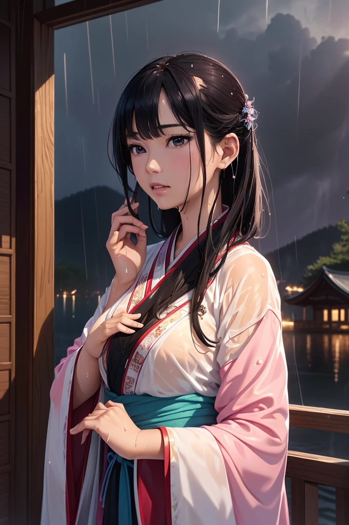 Rich historical background. (Highest quality,4K,8k,High resolution,masterpiece:1.2), Very detailed, (Realistic,Realistic,Photorealistic:1.37), High resolution, Hyper HD, Studio Lighting, Ultra-fine painting, Sharp focus, Physically Based Rendering, Very detailed説明, Professional, Vibrant colors, Bokeh, Sports Late, Ancient War Landscapes, Traditional Chinese Painting Techniques, Atmospheric lighting, Vivid color contrast, Visually stunning composition, Ethereal atmosphere,Very detailed目と顔, Beautiful attention to detail, Light on the face, (Hanfu: 1.1),My whole body is wet、My clothes are wet and transparent、Nipples are visible、nipples color pale pink、Dynamic pose、Rain clouds spreading across the sky、Heavy rain weather、Pouring rain、Wind and rain storm、((Soaked skin from head to toe))、((Rain-soaked clothes(Rain dripping from clothes))、((The lines of your body are clearly visible through your wet clothes..))