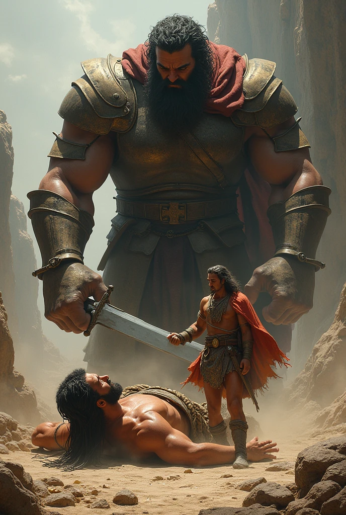 The giant Goliath fallen to the ground disagreement and David with the sword in his hand