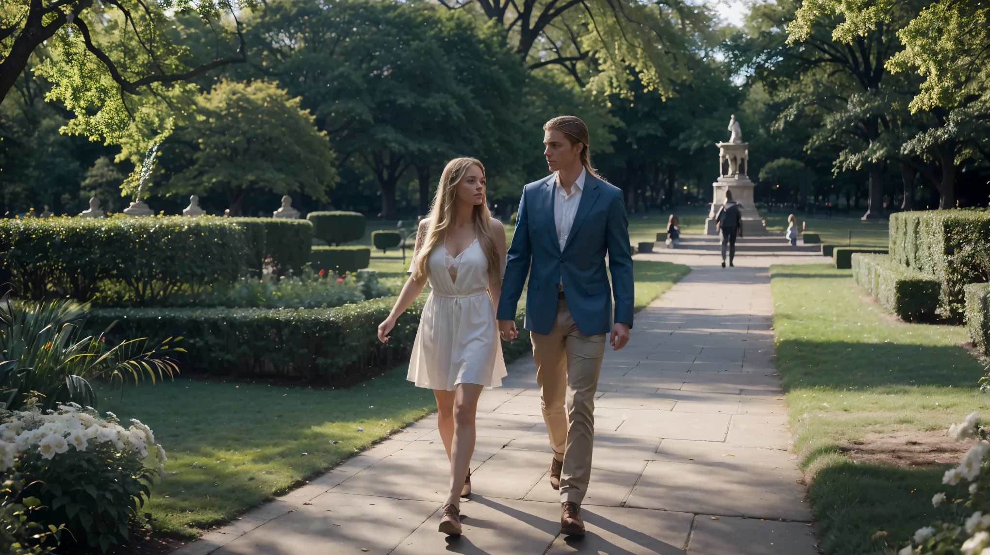 nice latin girl long blond hair, intense blue eyes,walking with her boy friend, on the gardens of the central park uhd, cinematic 16k