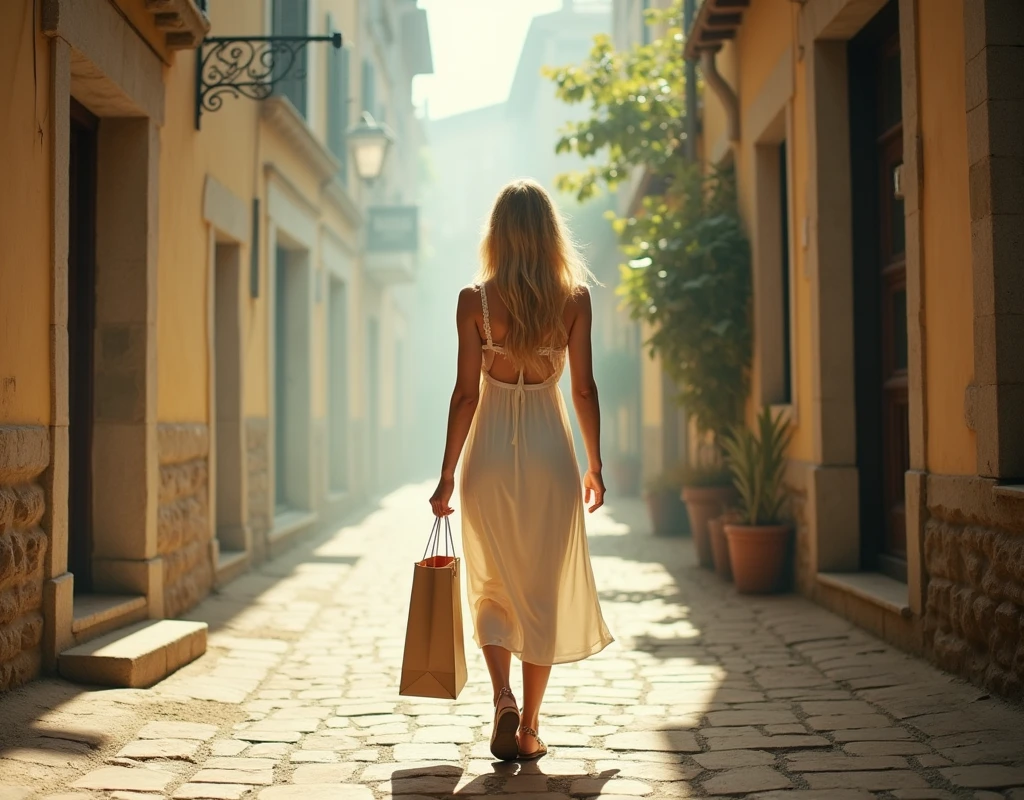 Blonde walks through the alleys, with your shopping bag from the fair. Wears crepe dress and sandals. Provence. haze. 超detailded. Provence. Foggy . High grain film. retro photography, David Hamilton Style. Analog photography. grainy. nymph.