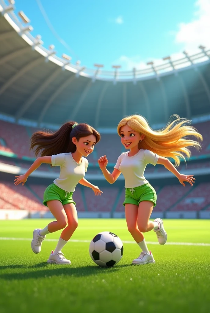 A brunette and a blonde with long hair in white shirts and green shorts in a Pixar-style football stadium in high quality, best qualityer