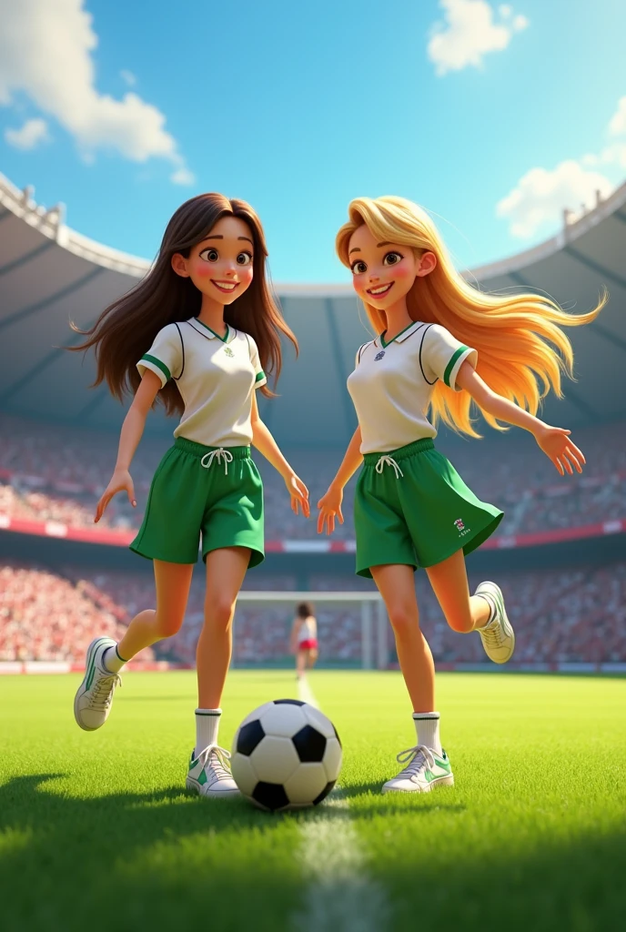 A brunette and a blonde with long hair in white shirts and green shorts in a Pixar-style football stadium in high quality, best qualityer