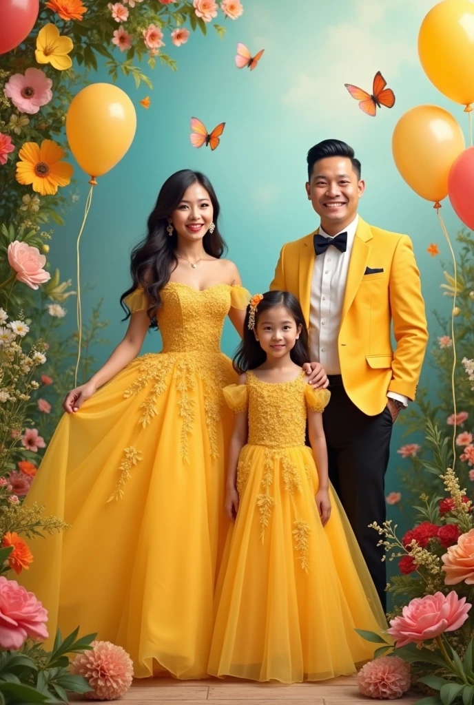 Real Pinay pinoy family pic women beautiful with ballgown yellow and daughter girl 6 years old with ballgown yellow and man handsome with attire with flowers baloons butterflies