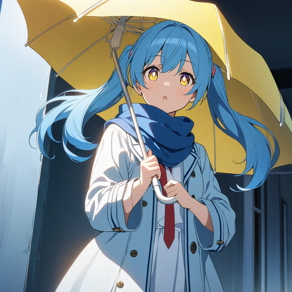 (((anime))) One woman,A student holding a yellow umbrella,(Blue Hair),short髪,Twin tails,short,Red hairpin Gradient eyes,(Yellow Eyes,blue eyes),Large pupils White dress shirt,Put on a light blue coat,The front is free,Light red tie,navy blue muffler,It&#39;s about to come off,Blue socks,short,Yellow sneakers in the rain,night,star masterpiece,Highest quality,Exquisite,8k,Absurd,Ultra-fine illustrations,(View your viewers)