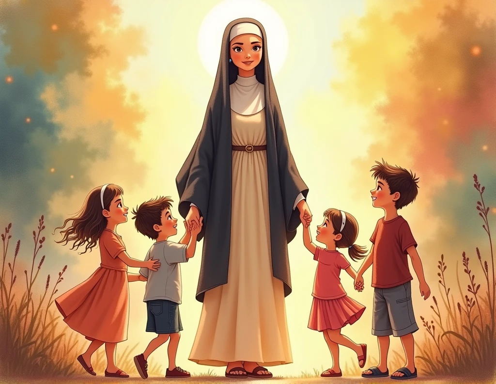 Nun painted in animated watercolor style full body with children holding her hand watching her and helping others with God above and her also helping others