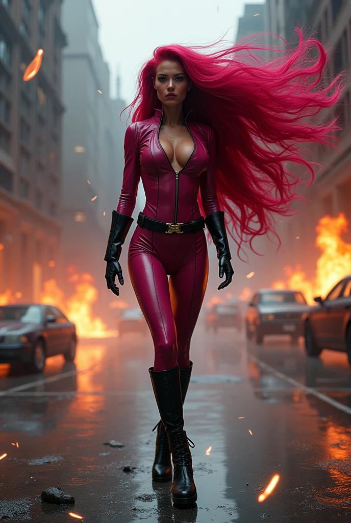 (((A beautiful woman with long hair holding a clip in motion while taking objects in the air))),(((with extensive long red hair prenzil six feet long)))Adriana Lima wearing (((A fuchsia leather one-piece suit))) black leather gloves and boots standing in a rainy apocalyptic city burning cars and buildings ((((a long, six-foot-long head of red hair grabbing objects in the air)))) reflection of her in her blood red hair logo Marvel universe (((Hair coming to life in motion catching objects in the air)))