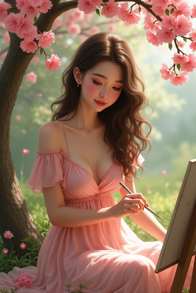  with long curly brown hair, greeneyes, medium fair skin, round mouth, com um vestido rosa, sitting under a flowering tree, PAINTING A PICTURE, Round face, medium breasts
