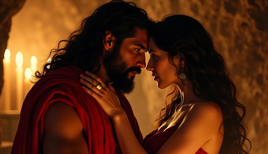 An intimate scene between Samson and Delilah, with her seducing him in a cave lit by soft light. warm colours, like red and gold, create an atmosphere of intimacy and betrayal. Facial expressions reveal love and distrust.