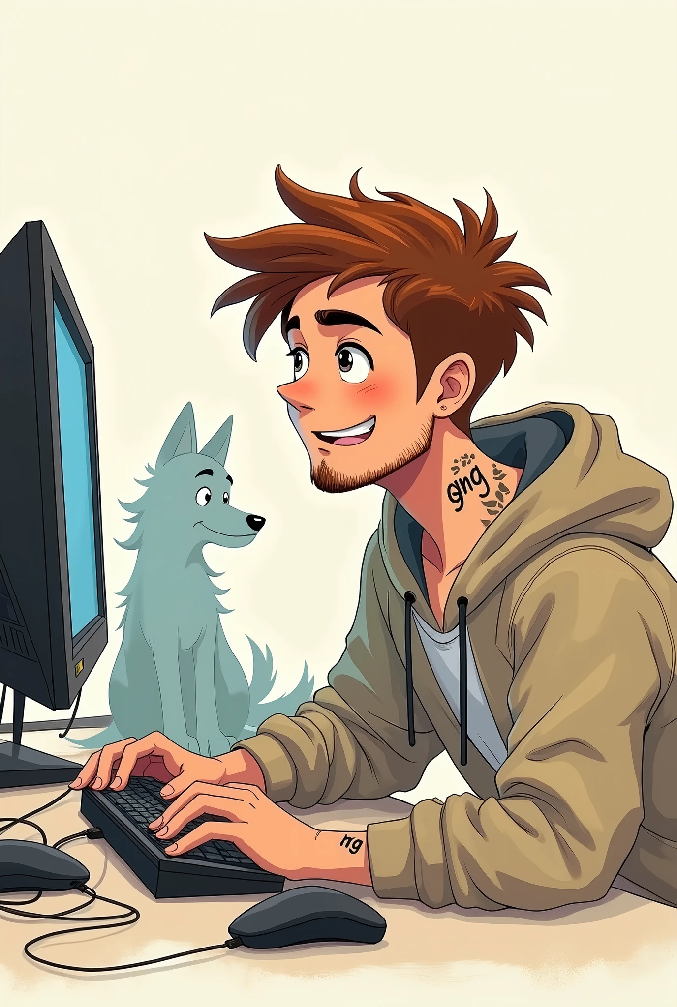 A game guy doing live on the computer, offwhite, chestnut hair, nose a little big, sem beard, Youngh, appearance of with 1 small and unique tattoo on the neck written " GN9 ", and with a ghost wolf by your side as your pet. make paper drawing style