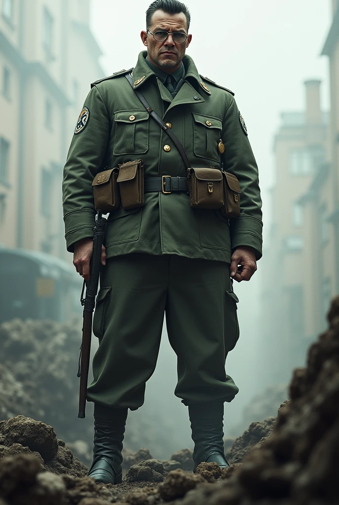 Show me a 6'10 German man who is in the military, has short fluffy black hair, green eyes, round glasses and scars on his face